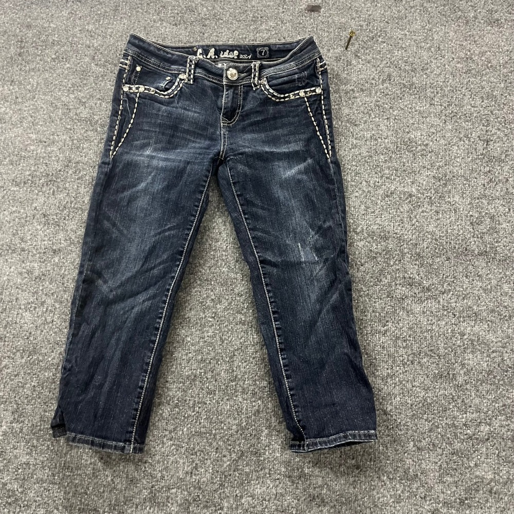 L.A. Idol Jeans Womens Size 7 Dark Wash Rhinestone Embellished Capri Cropped USA